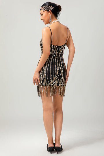 Black Golden Sequin Gatsby Short 1920s Dress with Fringes
